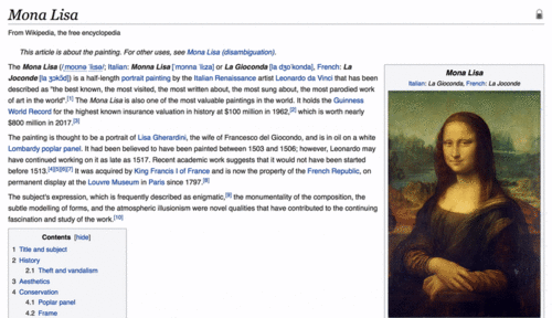 Short clip showing: the Wikipedia article on the Mona Lisa, a cursor moving to hover over the link to Leonardo da Vinci's article, and a Page Preview appearing for da Vinci's article